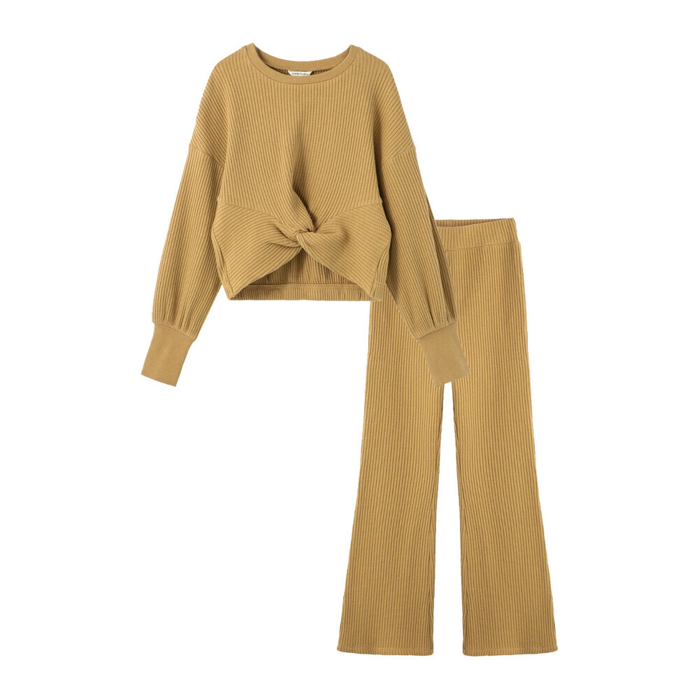 Habitual 2-Piece Set Women's 14 Khaki Cotton Blend Textured Twist Front JZZ49